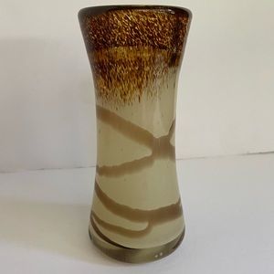 Hand Blown Glass Vase Brown Swirl Dots Tortoise Shell Heavy Art glass 6.5” tall